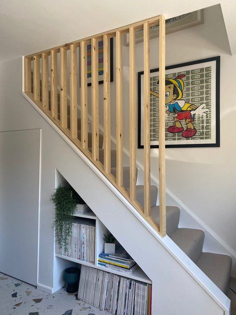 Six Ways I Saved Money By Getting Creative When Renovating Enclosing Staircase, Hide Stairs Ideas, Slat Stair Railing, Wood Slat Staircase, Slat Staircase, Stairs Banister Ideas, Stair Banister Ideas, Stair Bannister Ideas, Bannister Ideas