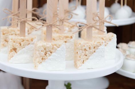 Ally Sweet Creations on Instagram: “Chocolate Dipped Rice Krispies ✨#ricekrispytreats” Rice Crispy Wedding Treats, Rice Krispie Treats Wedding Desserts, Pink And White Rice Krispie Treats, Mini Rice Krispie Treats, Rice Crispy Treats Wedding, White Chocolate Covered Rice Krispies, Chocolate Dipped Wafers, Rice Krispie Treats For Wedding, Bridal Shower Rice Krispie Treats