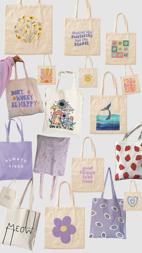 #totebags #totebag #totebaggirl which one’s your favorite? Have you drank rn water yet today? Eco Bag Design Ideas, Totebag Aesthetic Design, Tot Bag Design, Tote Bag Design Aesthetic, Tote Bag Design Ideas Aesthetic, Tote Bag Painting Ideas Aesthetic, Totebag Painting Ideas, Tote Bag Aesthetic Design, Aesthetic Tote Bag Design