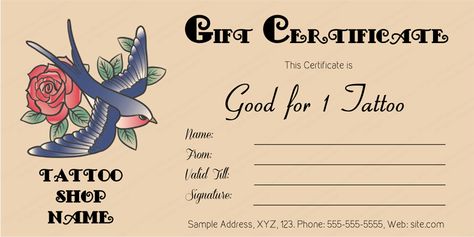 Flower Tattoo Gift Certificate Template #gift #certificate #template #giftcertificate #giftcard Tattoo Gift Certificate Template, Tattoo Gift Certificate, Voucher Template Free, Blank Certificate Template, Printable Tattoos, Free Gift Certificate Template, Free Certificate Templates, Printable Gift Certificate, Award Template