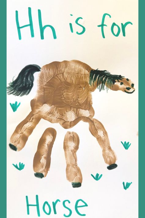 H is for Horse!  These letter of the week handprint and footprints are so much fun for toddlers, preschool, pre-k, or kindergarten kiddos! Farm Preschool Activities Letters, Hand Print Horse, Horse Art And Craft For Preschool, H Footprint Craft, Horse Handprint Craft, Western Theme Preschool Crafts, Farm Animal Handprints, Horse Handprint Art, Letter H Horse Craft