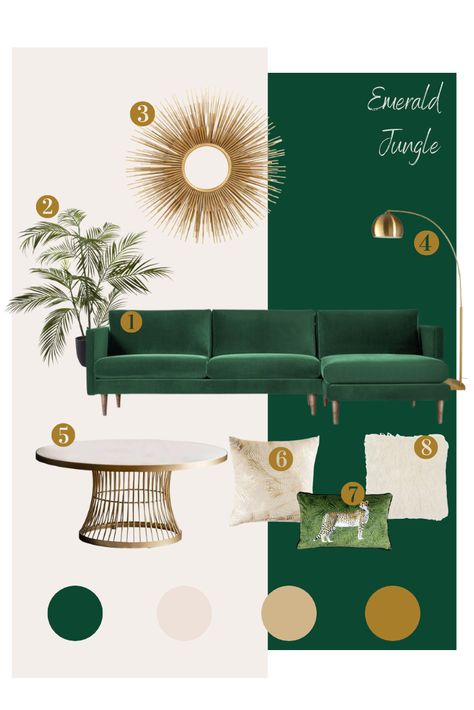 Green And Gold Maximalist, Green Gold Lounge, Cushions For Green Velvet Sofa, Emerald And Cream Living Room, Green Gold White Living Room, Emerald Green Living Room Color Scheme, Emerald Green And Gold Living Room, Green And Gold Interior, Emerald Sofa