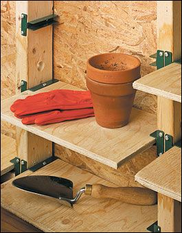 Shelf Bracket Set - Hardware Building Between The Studs, Shed Space Saving Ideas, Ways To Store Garden Tools, Organize Storage Shed, Diy Storage Shelves Garage, Loft Storage Ideas Organizing, Organize Shed Ideas, Work Shed Ideas Workshop, Between Studs Shelves