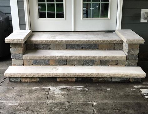 @oursmithhome on Instagram: “Our patio steps are complete!  The patio is finally done minus one downspout disconnected 😩I will share more pics once I pretty it up with…” Patio With Steps Down From House, Patio With Steps, Backyard Steps, Patio Steps, Exterior Ideas, Led Outdoor Lighting, Dream House Interior, Backyards, Sliding Door