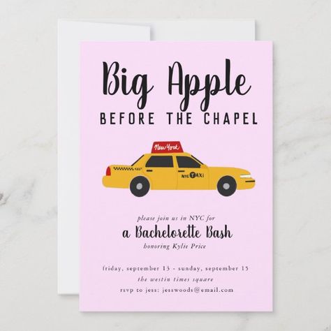 New York Taxi Big Apple Bachelorette Party Invitation New York Bachelorette Party, Nyc Bachelorette Party, Bachelorette Card, Welcome To New York, New York Taxi, Girls Weekend Getaway, Pink Bachelorette, Bachelorette Party Invitation, Bachelorette Themes