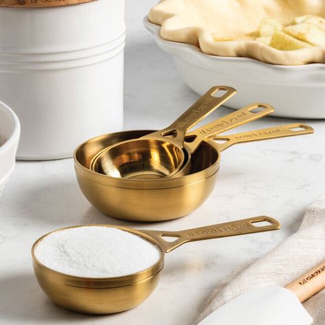 Gold 4-Piece Measuring Cup Set Gold Measuring Cups, Enameled Cast Iron Cookware, Wooden Kitchen Utensils, Measuring Cups Set, Baking Utensils, Gold Kitchen, Measuring Cup, Cup Set, Wedding Registry