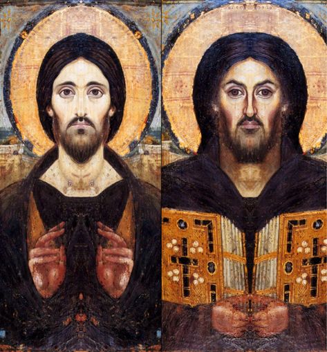 Icon of Christ Pantocrator of St. Catherine’s Monastery at Sinai (mirrored composites), 6th century Saint Catherine's Monastery, Christ Pantocrator, Jesus Painting, Byzantine Art, Byzantine Icons, Mary And Jesus, Jesus Christus, Religious Icons, Carl Jung