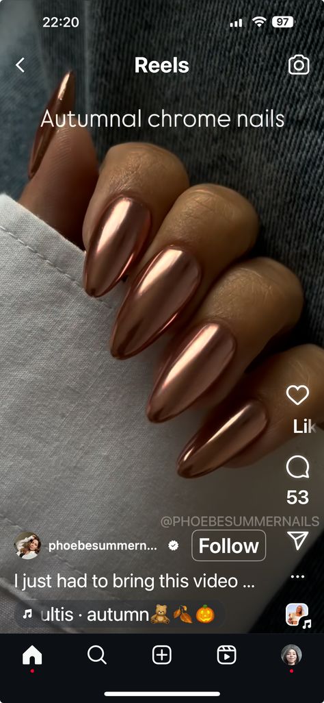 Round Chrome Nails, Bronze Chrome Nails, Beige Chrome Nails, Bronze Nails, Rose Gold Chrome, Nail Nail, Gold Chrome, Healthy Beauty, Chrome Nails