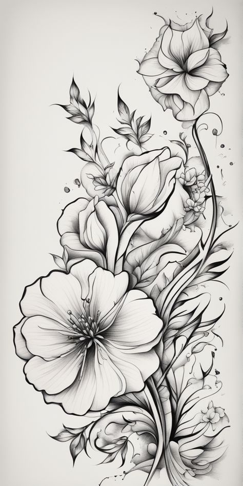 A traditional-style tattoo design of a flower, starkly rendered in black and white, occupies focus over a blank canvas. The image is striking, evoking an idea of permanence and natural beauty. Flower Sleeve Tattoos For Women Colour, Anemone Flower Tattoo Design, Wild Flower Sleeve Tattoo, Japanese Floral Tattoo, White Flower Tattoo, Iris Flower Tattoo, Black And White Flower Tattoo, Floral Back Tattoos, Coverup Tattoo