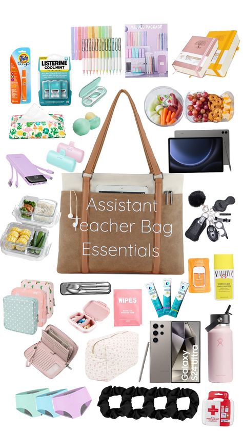 Assistant teacher bag essentials for a daycare worker. #assistantteacher #teacher #essentials #waterbottle #pens #notebooks #tablet #alwaysprepared #wishlist #dreambag #dreamessentials #workbag Handbags For Teachers, Big Purse Essentials, Teacher Assistant Essentials, What’s In My Nurse Work Bag, Daycare Teacher Essentials, Nurse Essentials For Work, Teacher Bag Essentials, Teacher Bag Organization, Teachers Essentials