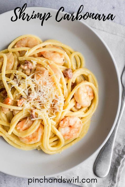 Shrimp Carbonara Shrimp Carbonara Pasta, Carbonara Recipe Authentic, Lemon Garlic Chicken Pasta, Shrimp Carbonara, Broccoli Rabe And Sausage, Best Bolognese Sauce, Baked Italian Meatballs, Easy Suppers, Garlic Chicken Pasta