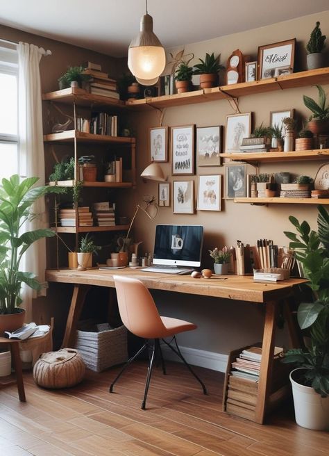 Home Office Aesthetic Cozy, Rustic Office Decor Ideas, Earthy Office Space, Warm Office Decor, Earthy Home Office, Office Boho Decor, Boho Office Space Workspaces, Boho Office Space, Rustic Workspace