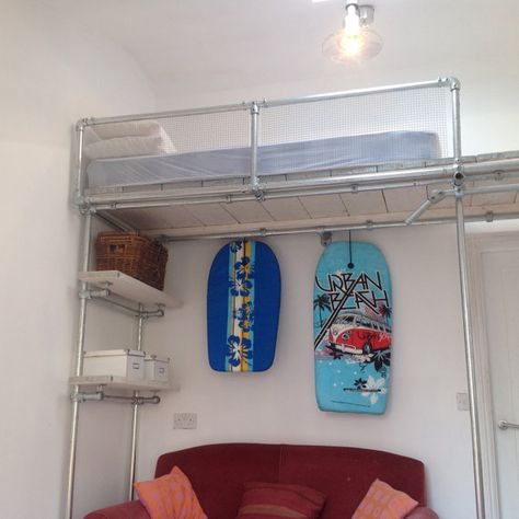 This is the ultimate solution for increasing floor space in a small high room. The client wanted a flexible storage solution for a spare room so she Bed Made From Pallets, Mezzanine Loft, Loft Beds For Small Rooms, Bunk Bed Storage, High Room, Beds For Small Rooms, Double Bunk Beds, Industrial Style Furniture, Pallet Beds