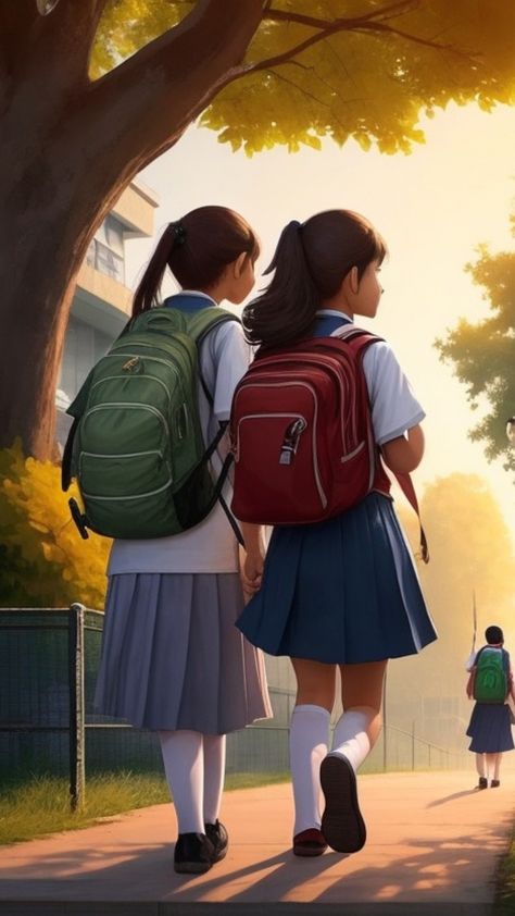 Two girls friends going to school in morning vector design School Friends Images, Going To School Aesthetic, School Friends Aesthetic, Sound Logo, 5 Best Friends, Friends Cartoon, School Illustration, Best Friends Cartoon, Walk To School