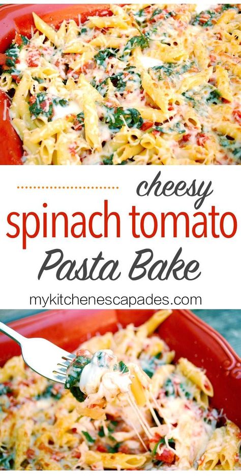 This pasta casserole is loaded with fresh spinach, tomatoes and mozzarella cheese. A delicious vegetarian bake that is a simple recipe idea for dinner Spinach Tomato Pasta, Tomato Pasta Bake, Spinach Pasta Bake, Tomatoes And Mozzarella, Spinach Tomato, Vegetarian Bake, Baked Pasta Recipes, Pasta Casserole, Fresh Spinach