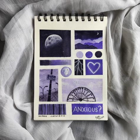 Index Pages For Project, Purple Moodboard Painting, Blue Moodboard Painting, Purple Aesthetic Drawings, Purple Aesthetic Drawing, Mood Boards Painting, Sky Art Painting, Love Collage, Posca Art