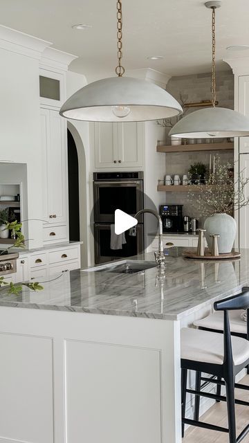 White Cabinets White Oak Floors, Quartzite Sea Pearl Countertops, White Pearl Quartzite Countertops, White Pearl Quartzite Countertops And Matching Backsplash, Sea Pearl Quartzite Countertops, White Perimeter Cabinets Wood Island, Paneled Fridge, Bm White Dove, Megan West