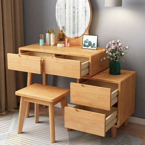 Description: The Original Wood Colour Vanity with Storage Cabinet has been carefully designed to combine style and practicality. Crafted from durable rubberwood in a warm, log-colored finish, this dressing table will add a touch of otherworldly style to your décor. The built-in drawer storage provides ample space for cosmetics and essentials, ensuring you have a clutter-free environment. The dresser comes with an illuminated mirror to provide optimal lighting for your beauty routine. Key Feature Wood Work In Bedroom, Small Wooden Vanity Bedroom, Wooden Vanity Bedroom, Diy Dressing Table, Vanity Room Ideas, Wood Furniture Bedroom, Vanity With Storage, Apartment Therapy Inspired Decor, Wood Dressing Table