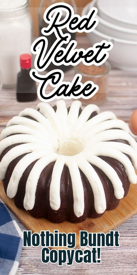 Copycat red velvet bundt cake on a wooden board. Copycat Red Velvet Nothing Bundt Cake, Red Velvet Nothing Bundt Cake Recipe, Nothing Bundt Cake Red Velvet Copycat, Vanilla Nothing Bundt Cake Recipe, Red Velvet Bundt Cake Box Easy Recipes, Small Red Velvet Cake Recipe, Nothing But Bundt Cake Recipes Copycat, Bundt Red Velvet Cake, Nothing Bundt Cakes Recipe