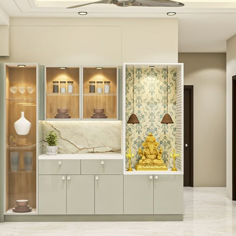 Puja Room With Crockery Unit, God Cabinet Design, Crockery Unit Plus Mandir Design, Pooja Unit And Crockery Unit, Crockery Unit With Temple Design, Mandir With Cabinet, Crockery Unit And Mandir, Crockery Cabinet With Mandir, Temple Cabinet Design