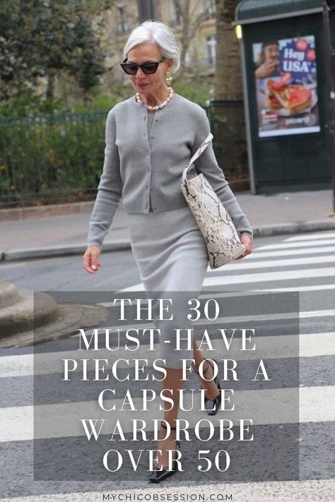 Elevate your wardrobe with these essential pieces every woman over 50 should own. Discover ageless style with our guide on timeless outfits with outfit ideas! Embrace the beauty of a capsule wardrobe that offers outfit inspo for spring outfits and beyond. Channel your inner Parisian style with these fashion over 50 must-haves. Interested in wearing a grey outfit? Try pairing a cardigan, midi skirt, heels, a pearl necklace, and snakeskin tote bag. Follow My Chic Obsession for more! Capsule Wardrobe Retired Woman, French Women Style Over 50, Over 60 Fashion Petite, Wardrobe Over 50, Outfit Inspo For Spring, My Chic Obsession, Perfect Capsule Wardrobe, Outfit Ideas Everyday, Build A Capsule Wardrobe