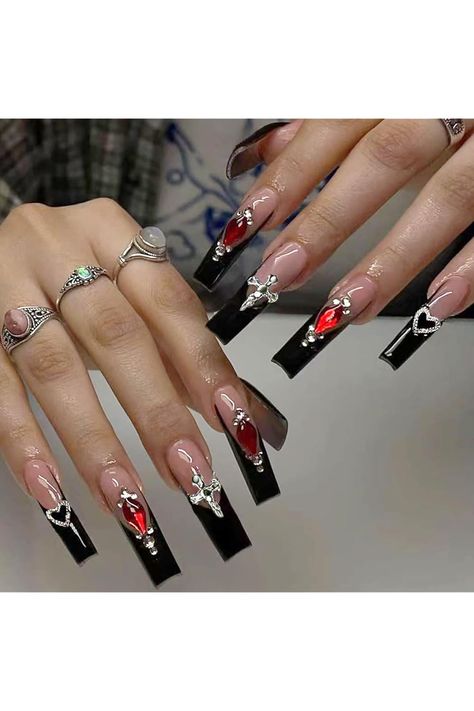 Press on Nails Long Square Fake Nails Black French Tips False Nails Full Cover Glossy Glue on Acrylic Red Rhinestone &amp; Cross Charms Nails with Designs Stick on Nails for Women 24Pcs Square Nails With Gems, Nails Black French, Fake Nails Black, Black Prom Nails, Charms Nails, Nails Long Square, Press On Nails Long, Black French Tips, Black Gems