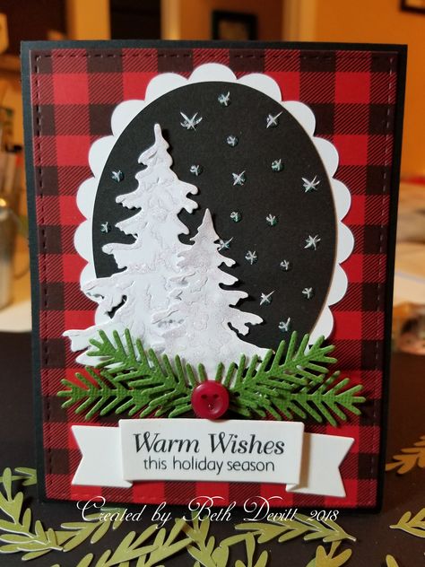 Buffalo Plaid Christmas Card - Scrapbook.com Christmas Cards With Trees, Buffalo Plaid Christmas Card, Plaid Christmas Cards, Plaid Cards, Plaid Christmas Card, Cricut Christmas Cards, Winter Woods, Card Scrapbook, Handmade Christmas Card