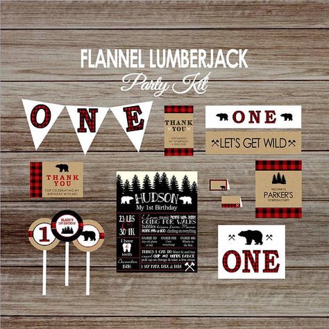 Lumberjack Birthday Party Kit wild one buffalo plaid party Wild One First Birthday Party, Buffalo Plaid Birthday, Wild One First Birthday, Wild One Birthday, 1st Birthday Party Decorations, Birthday Party Set, Birthday Party Printables, Bottle Wrappers, Photo Thank You Cards