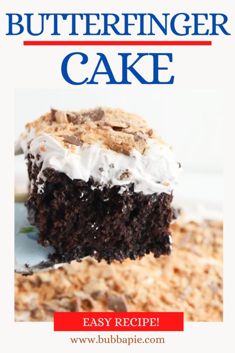 Butterfinger Cake Recipe, Butterfinger Cake, Banana Pudding Poke Cake, Pudding Poke Cake, Butterfinger Candy, Funfetti Cake Mix, Devils Food Cake Mix Recipe, Peanut Butter Candy, Devils Food Cake