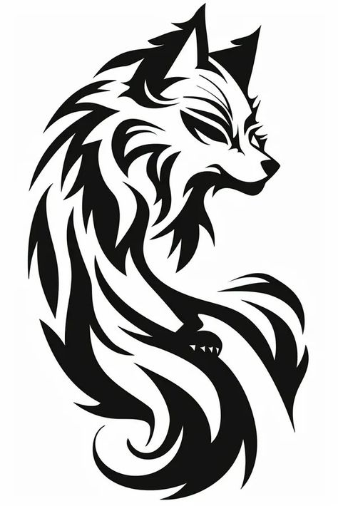 Tattoo idea: tribal black and white symbol A fox Kitsune with a tai 4 Fox Symbol, 9 Tails Fox Tattoo, New Tattoo Designs, Fox Tattoo, 3d Tattoo, Top Tattoos, Japanese Tattoo, Simple Lines, Animal Tattoos