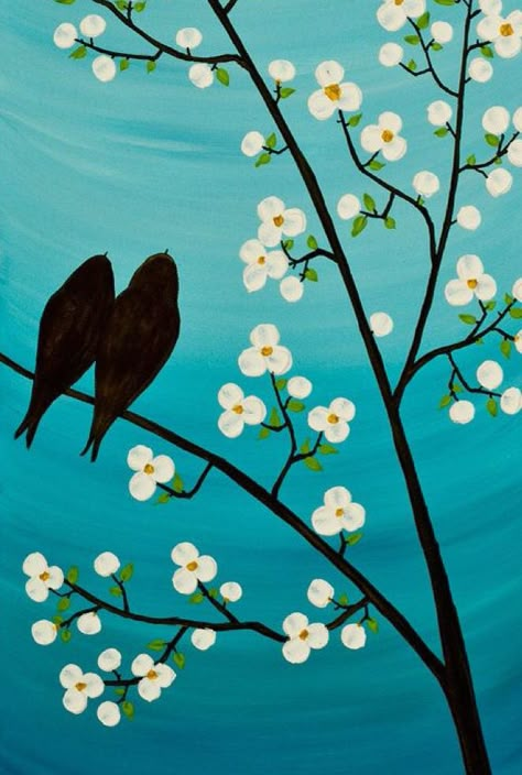 Simple Drawing Ideas On Canvas, Bird In A Tree Drawing, Spring Sip And Paint Ideas, Mini Scenery Painting, Simple Flower Painting Acrylics Easy, Glass Painting Scenery, Bird Painting Easy, Easy Bird Painting, Simple Scenery Painting