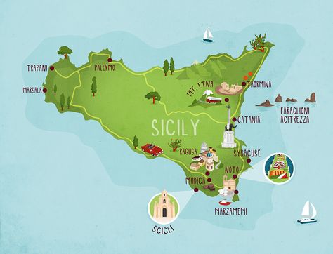 Sicily map illustration kerryhyndman.com Cruise Ship Activities, Sicily Map, Barcelona City Map, Manchester Map, Map Illustrations, London Beach, Elephant Park, Village Map, Elephant And Castle