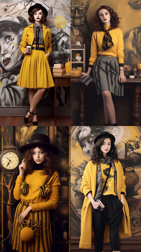 Hufflepuff Outfit Ideas, Hufflepuff Clothes, Witch Concept Art, Slytherin Dress, Casual Outfits Hijab, Witch Outfit Ideas, Witch Concept, Hufflepuff Outfit, Witch Outfits