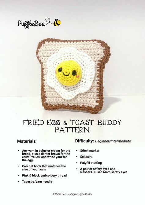 Amigurumi Fried Egg & Toast Crochet Pattern Toast Crochet Pattern, Cute Crochet Food, Crochet Toast, Fried Egg Toast, Fried Egg On Toast, Egg And Toast, Egg On Toast, Food Pattern, Egg Toast