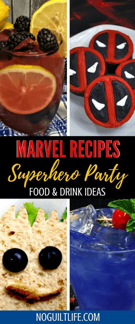 When you're planning a superhero party, you need the best food and drink recipes you can find! Be the hero: check out over 35 Marvel superhero themed snacks to help plan your menu with friends. #marvel #superheroparty #mcuideas Superhero Dinner Ideas, Marvel Snacks Party Ideas, Marvel Themed Party Food, Marvel Themed Birthday Party Food, Marvel Theme Dinner, Marvel Theme Food, Marvel Food Recipes, Marvel Themed Snacks, Superhero Themed Food