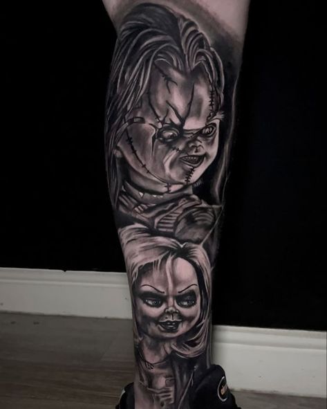 Chucky Tattoo. Chucky Tattoo Leg, Chucky Tattoo On Leg, Tiffany Bride Of Chucky Tattoo, Bride Of Chucky Tattoo, Chucky And Tiffany Tattoo, Chucky Tattoo Stencil, Chucky Tattoo Design, Chucky Tattoos, Tiffany Tattoo