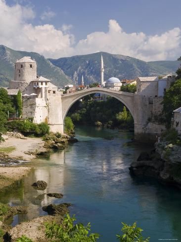 size: 24x18in Photographic Print: Mostar and Old Bridge over the Neretva River, Bosnia and Herzegovina by Gavin Hellier : Travel Garden Bridge Design, Bridge Over River, Old Bridge, Bridge Design, Travel Images, Architecture Sketch, Tower Bridge, Beautiful Horses, Garden Bridge