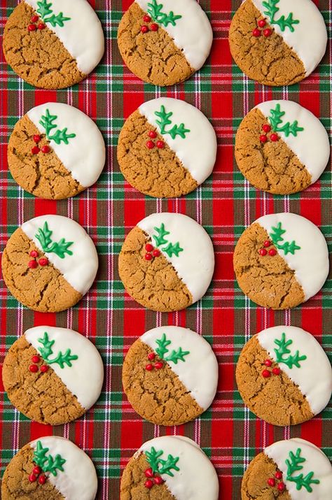 Christmas Ginger Snap Cookies, Molasses Cookies Dipped In White Chocolate, White Chocolate Royal Icing, Molasses Cookies Christmas, Ginger Snap Cookies With Icing, Molasses Christmas Cookies, White Chocolate Cookie Icing, Dipped Ginger Cookies, Christmas Cookie Plates