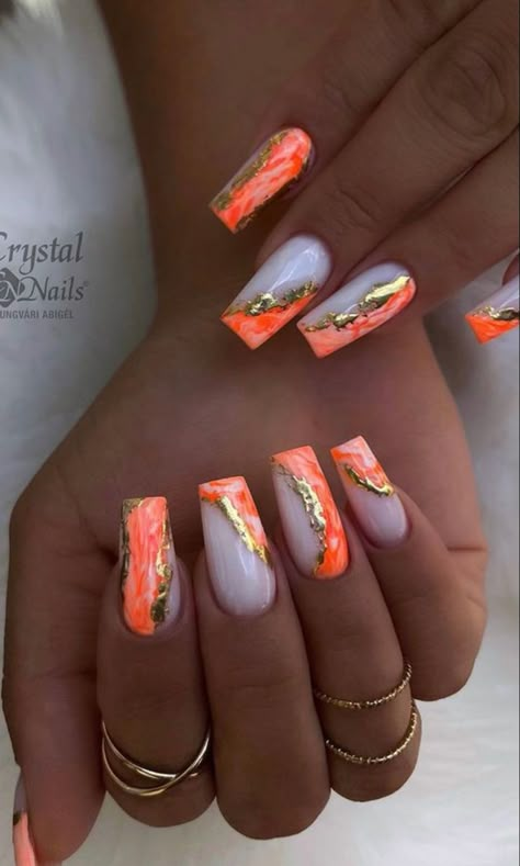 Milky Neon Nails, Nokti Za Ljeto 2024, Neon Coral Nails, Nail Bling, Cruise Nails, Orange Nail Designs, Marble Nail Designs, Coral Nails, Fancy Nails Designs