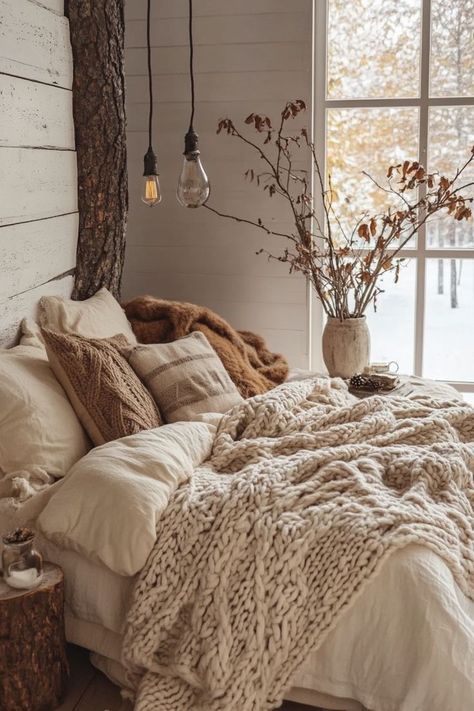 Bring warmth and comfort to your bedroom with cozy fall and winter themes. Use layers of soft blankets, plush rugs, and textured pillows to create a snug space. Opt for rich colors like burnt orange, deep reds, and forest greens. Add warm lighting with fairy lights or candles, and incorporate natural elements like wood and wool for an inviting seasonal look. 🍂🕯️ Winter Bedroom Ideas, Christmas Room Inspiration, Cozy Winter Bedroom, Textured Pillows, Country Cottage Homes, Plush Rugs, Winter Bedroom, Neutral Bedroom Decor, Cozy Fall Bedroom