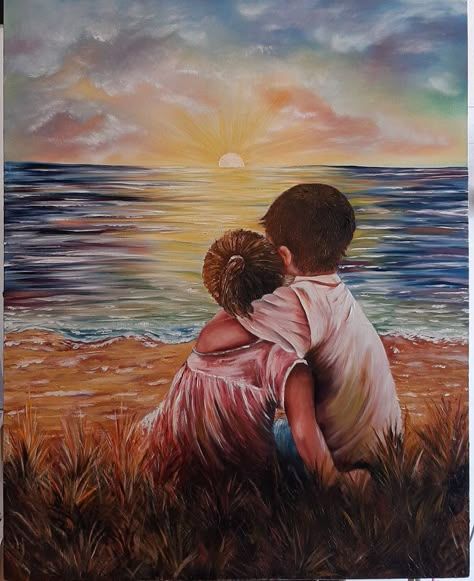 Brother Sister Painting, Brother Sister Art, Happy Friendship Day Photos, Friendship Paintings, Monika Luniak, Sibling Art, Books And Pens Photography, Kids Hugging, Boy And Girl Friendship