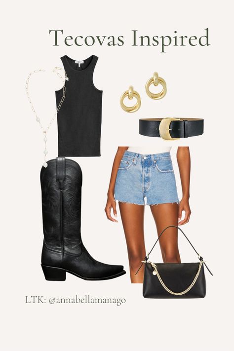 GET THE LOOK: Tecovas Boots Inspired🤠🤍✨
•
•
Tecovas boots, black cowboy boots, cowgirl boots, gold jewelry, western style, western belt, black purses, revolve outfit, Levi’s shorts, 501 shorts, gold earrings 
#westernstyle #westernoutfit #cowgirlboots Black Cowboy Boots Outfit Concert, Jean Shorts And Cowboy Boots Outfit, Dress Black Cowboy Boots, Tecovas Boots Women Outfit, Tecovas Boots Women, Black Western Boots Outfit, Black Cowgirl Boots Outfit, Shorts And Cowboy Boots Outfit, Stampede Outfit