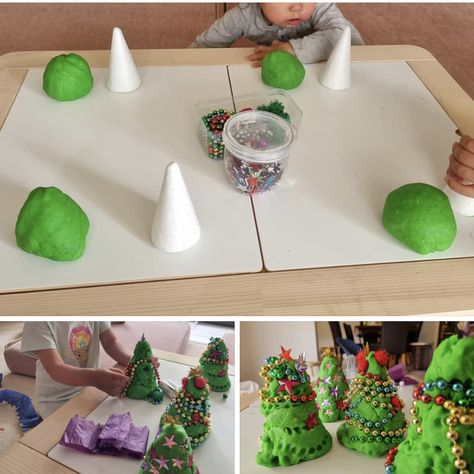 Christmas Reggio Emilia Activities, Christmas Crafts Reggio Emilia, Christmas Tree Playdough, Winter Holiday Preschool Activities, Christmas Playdough Ideas, Christmas Activities For Babies Eyfs, Christmas Provocations Kindergarten, Reggio Christmas Crafts, Christmas Small World Eyfs