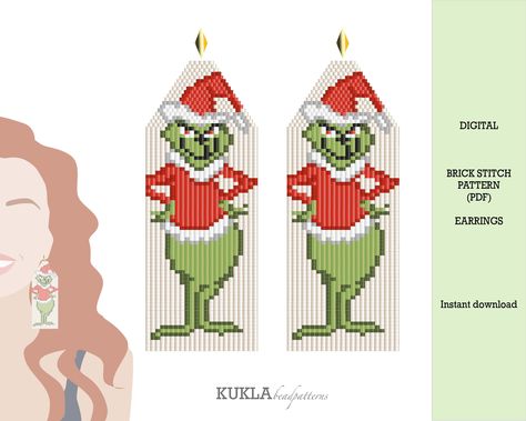 Free Beaded Christmas Earrings Patterns, Grinch Face Earrings, Grinch Earring Template, Bead Charm Pattern Earring Christmas, Seed Bead Christmas Earring, Cricut Grinch Earrings, Seed Bead Christmas Earring Patterns, Brick Stitch Beaded Christmas Earrings, Polymer Clay Grinch Earring Toturial