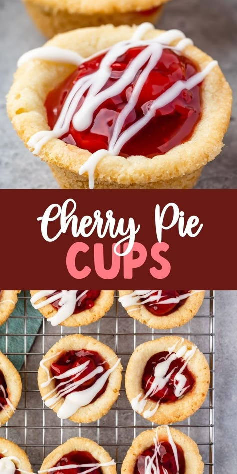 Cherry Pie Cookie Cups taste like mini cherry pies with a sugar cookie crust! This is an easy recipe you can make with four ingredients. Sugar Cookie Cherry Pie Cups, Sugar Cookie Pie Cups, Mini Pies With Sugar Cookie Dough, Cookie Pies Mini, Mini Sugar Cookie Fruit Tarts, Mini Pies With Sugar Cookie Crust, Sugar Cookie Mini Pies, Cherry Tarts Easy, Cherry Pie Bites With Pie Crust