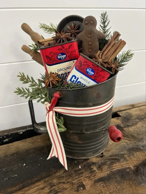 Old Flour Sifter Ideas, Flour Sifter Christmas Ideas, Flour Sifters, Antique Booth Ideas, Christmas Lodge, Flour Sifter, Antique Booth, Vintage Kitchen Utensils, Booth Ideas