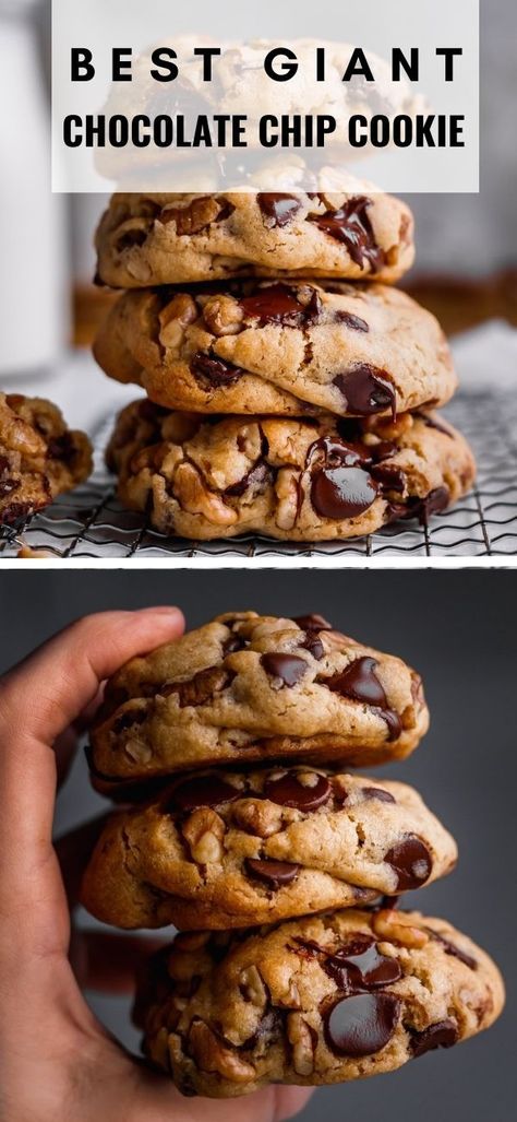 The Best Giant Chocolate Chip COOKIE RECIPE - incredibly delicious, soft, gooey & fully loaded chocolate chip cookies with walnuts. Chocolate Chip Cookies Giant, Extra Chocolate Chip Cookies, Ultra Thick Chocolate Chip Cookies, Girl Meets Farm Chocolate Chip Cookies, Big Chunky Chocolate Chip Cookies, Outrageous Chocolate Chip Cookies, Easy Gooey Chocolate Chip Cookies, Chocolate Chip Chunky Cookies, Mega Chocolate Chip Cookies