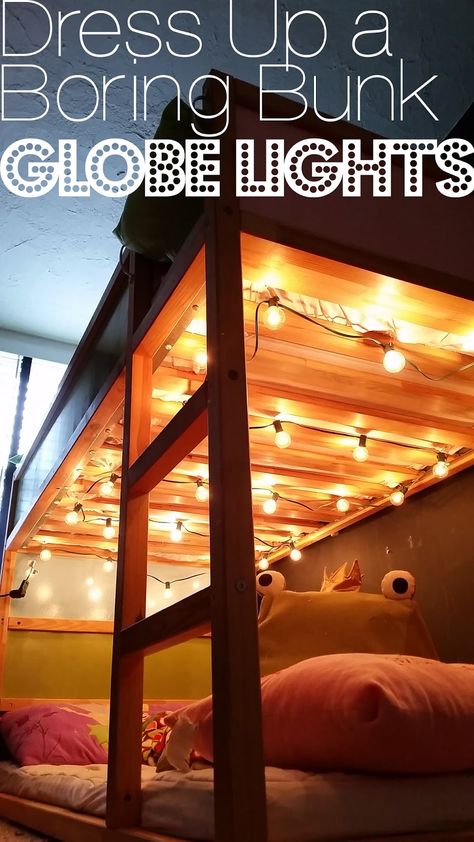 Dress Up a Boring Bunk Bed: Globe Lights Bunk Bed Lights, Bunk Bed Decor, Dress Room, Modern Bunk Beds, Bottom Bunk, Cool Bunk Beds, Bunk Beds With Stairs, Bunk Bed Designs, Space Bedding