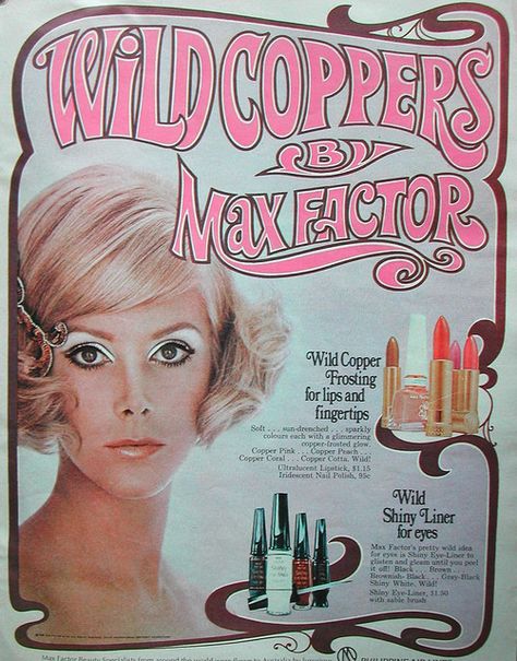 Max Factor 'Wild Coppers' Makeup Collection Ad Drugstore Cowboy, 60s Magazine, Vintage Makeup Ads, Moon Photo, Makeup Ads, Copper And Pink, Retro Makeup, 60s And 70s Fashion, Retro Beauty