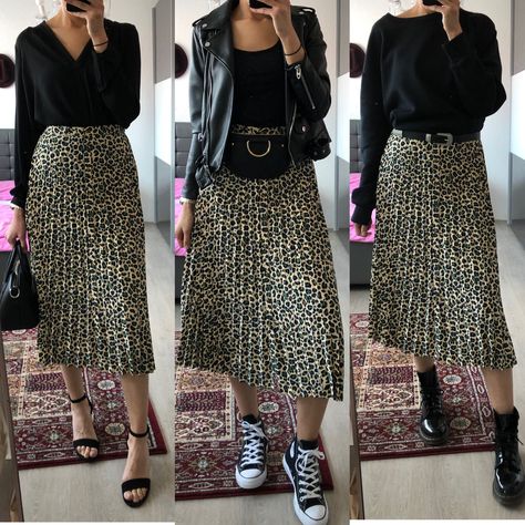 Printed Pleated Skirt Outfit, Pleaded Skirt Outfits, Leopard Print Skirt Outfit, Printed Skirt Outfit, Maxi Rock, Midi Skirt Casual, Casual Party Outfit, Curated Outfit, Leopard Print Skirt